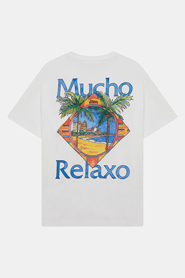 Relax Kalıp Beyaz Bisiklet Yaka Baskılı Erkek T-Shirt 5
