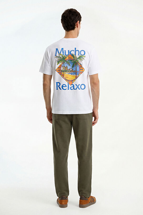 Relax Kalıp Beyaz Bisiklet Yaka Baskılı Erkek T-Shirt 2