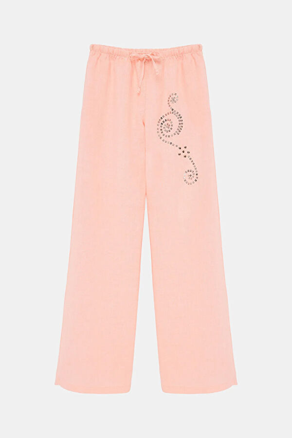 Açık Pembe Wide Leg Keten Kadın Pantolon