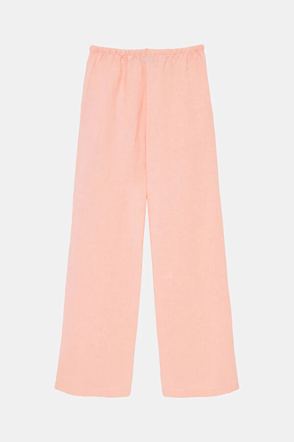 Açık Pembe Wide Leg Keten Kadın Pantolon 2