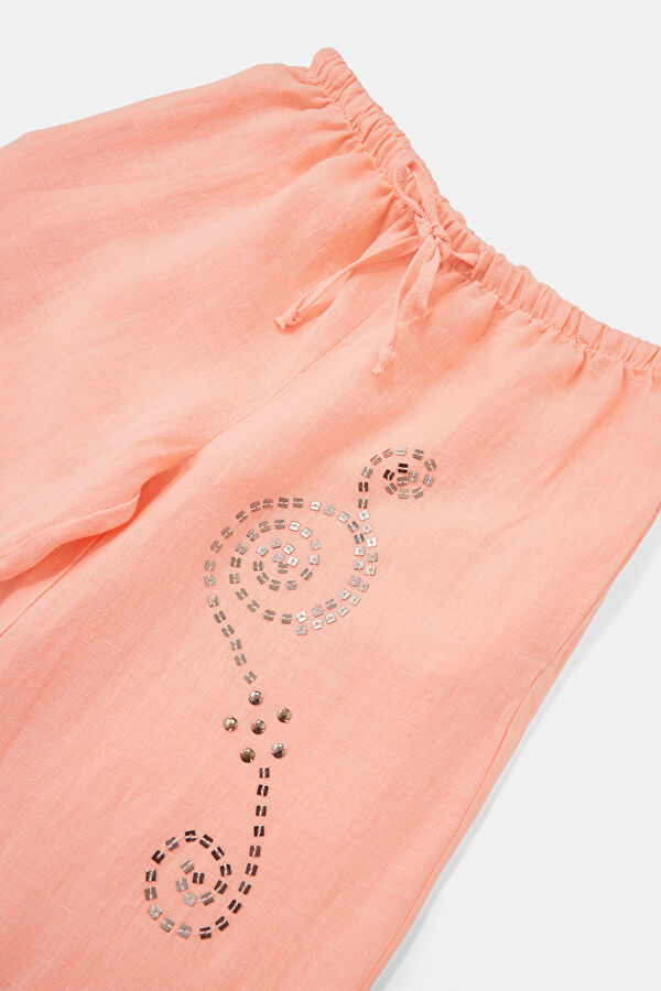 Açık Pembe Wide Leg Keten Kadın Pantolon 3