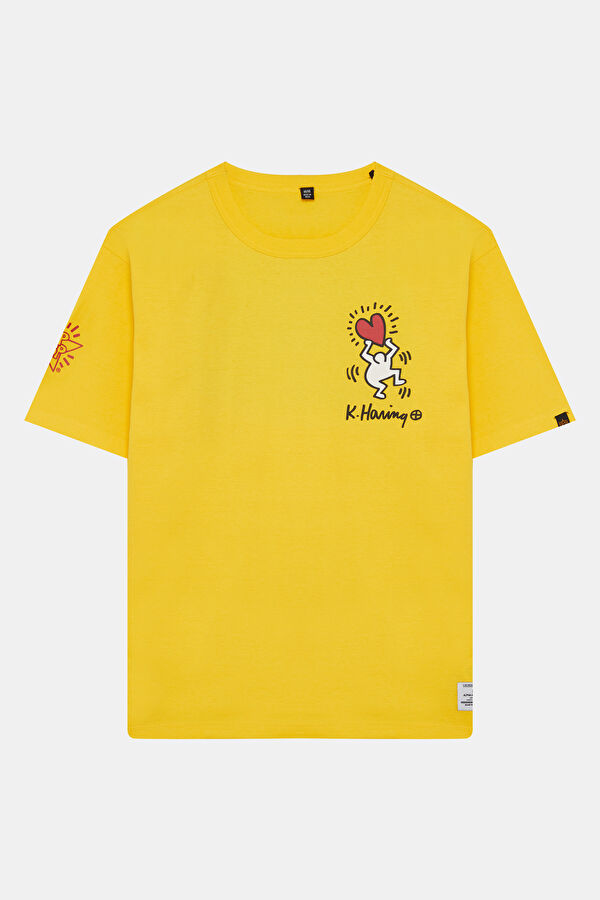 X Keith Haring Relax Kalıp Sarı Bisiklet Yaka Baskılı Erkek T-Shirt
