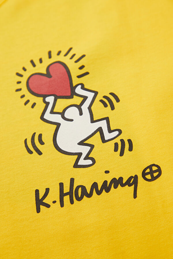 X Keith Haring Relax Kalıp Sarı Bisiklet Yaka Baskılı Erkek T-Shirt 4