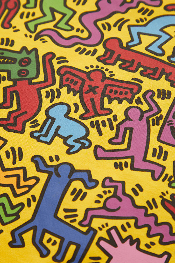 X Keith Haring Relax Kalıp Sarı Bisiklet Yaka Baskılı Erkek T-Shirt 5