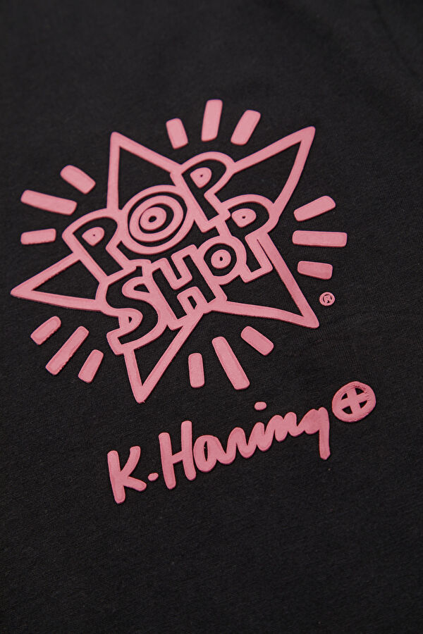 X Keith Haring Relax Kalıp Siyah Bisiklet Yaka Baskılı Erkek T-Shirt 4
