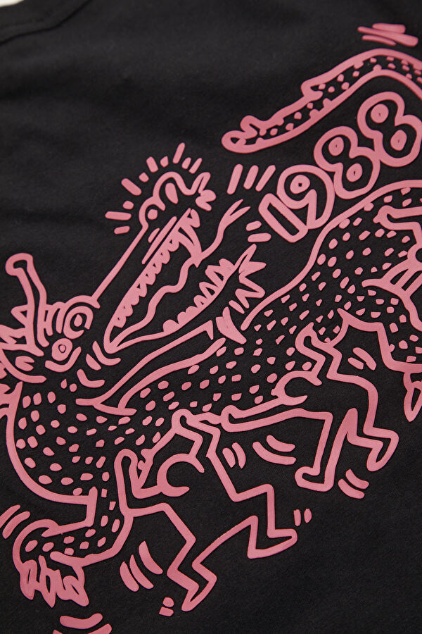X Keith Haring Relax Kalıp Siyah Bisiklet Yaka Baskılı Erkek T-Shirt 6