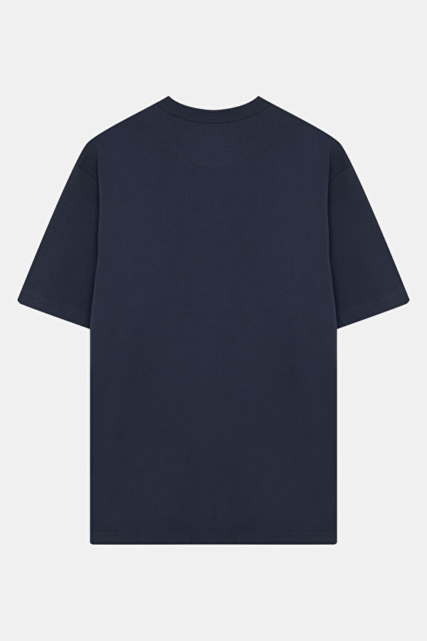 Relax Kalıp Lacivert Bisiklet Yaka Baskılı Erkek T-Shirt 2