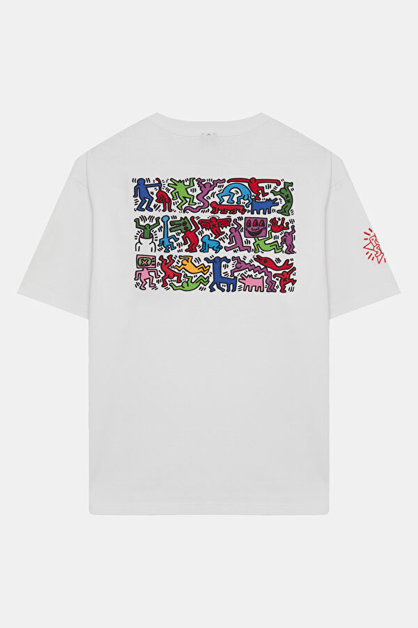 X Keith Haring Relax Kalıp Beyaz Bisiklet Yaka Baskılı Erkek T-Shirt 2