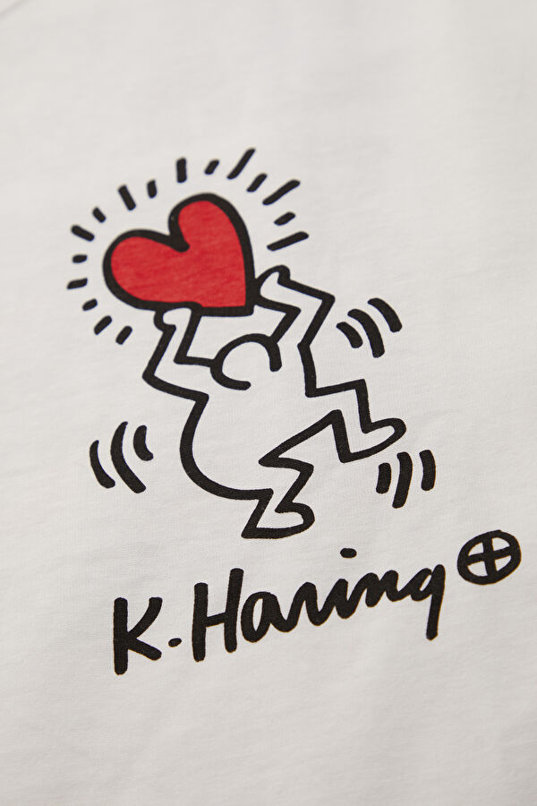 X Keith Haring Relax Kalıp Beyaz Bisiklet Yaka Baskılı Erkek T-Shirt 4