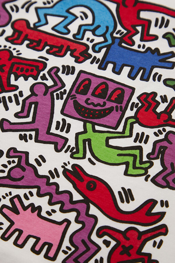 X Keith Haring Relax Kalıp Beyaz Bisiklet Yaka Baskılı Erkek T-Shirt 5