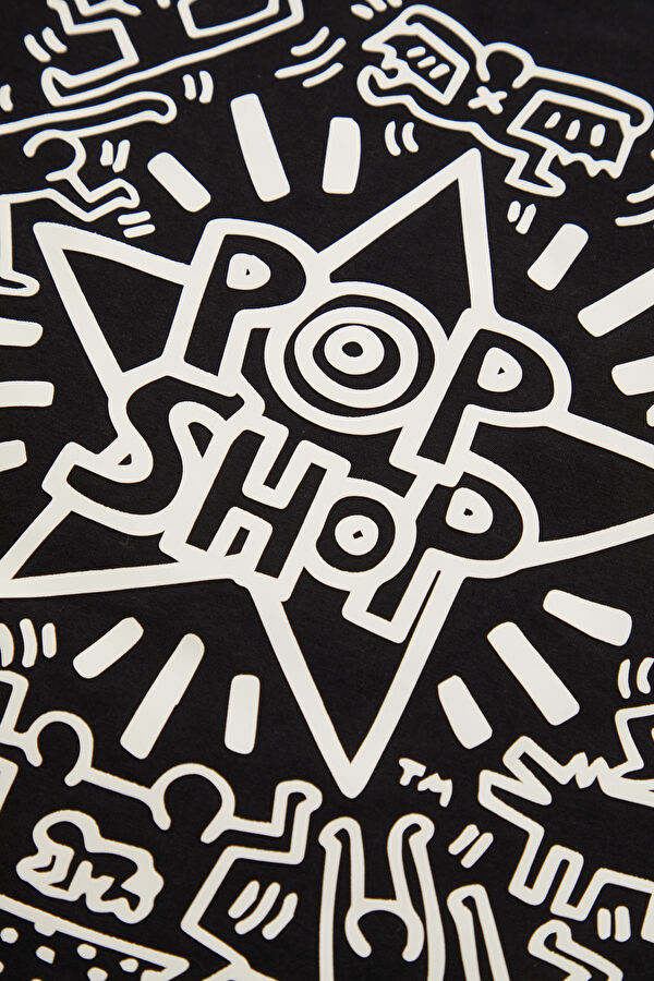 X Keith Haring Relax Kalıp Siyah Bisiklet Yaka Baskılı Erkek T-Shirt 4