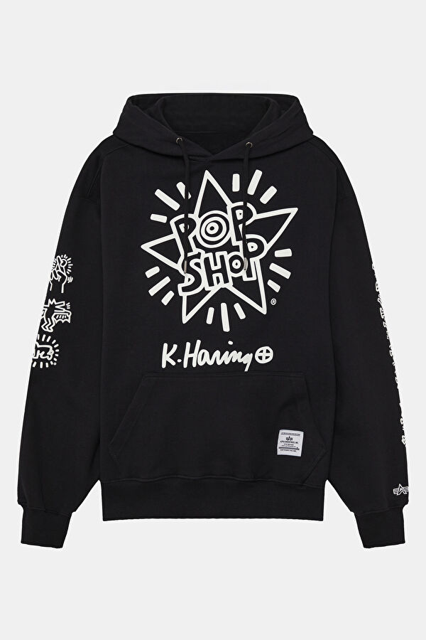 X Keith Haring Siyah Relax Kalıp Kapuşonlu Erkek Sweatshirt