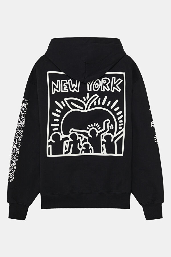 X Keith Haring Siyah Relax Kalıp Kapuşonlu Erkek Sweatshirt 2