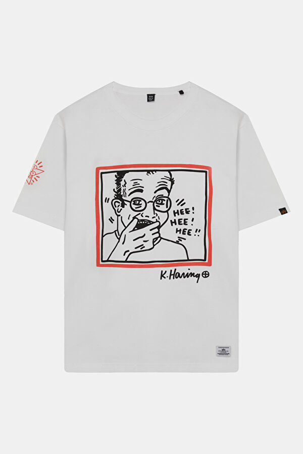 X Keith Haring Relax Kalıp Beyaz Bisiklet Yaka Baskılı Erkek T-Shirt