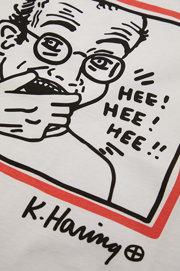 X Keith Haring Relax Kalıp Beyaz Bisiklet Yaka Baskılı Erkek T-Shirt 4