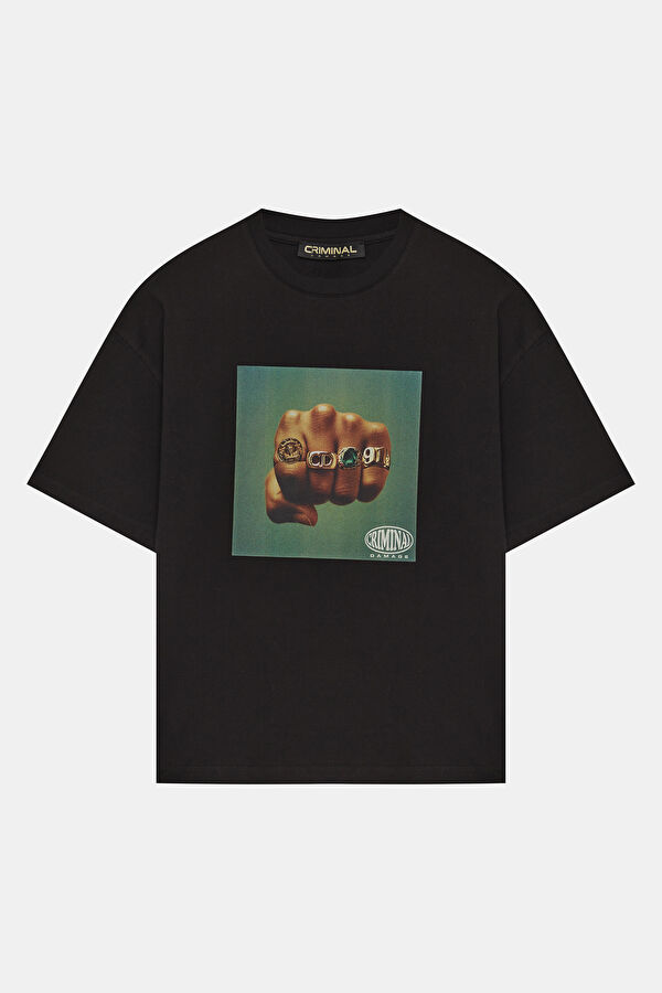 Relax Kalıp Siyah Bisiklet Yaka Baskılı Erkek T-Shirt