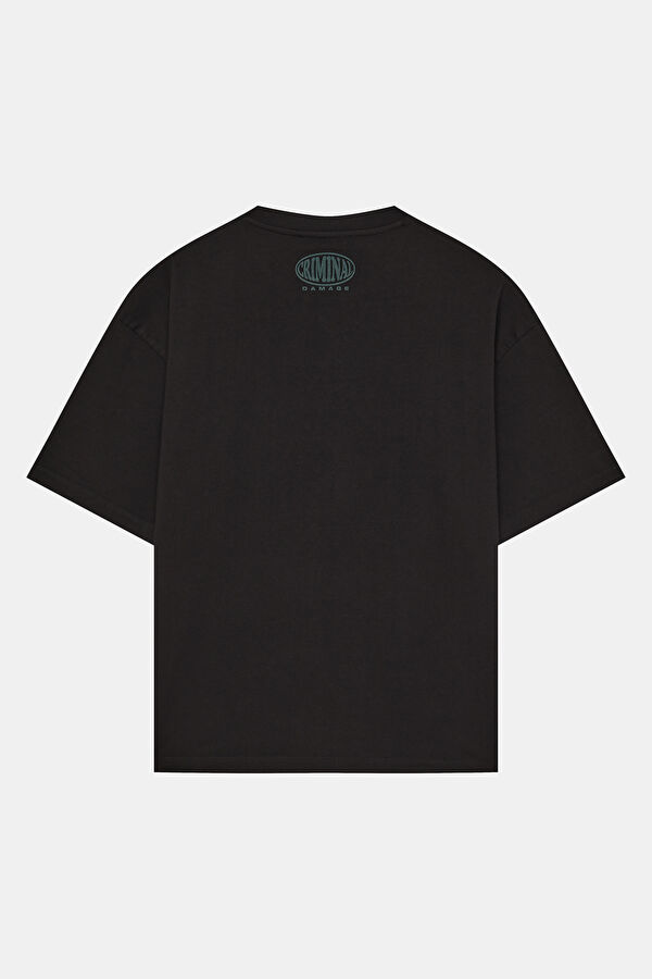 Relax Kalıp Siyah Bisiklet Yaka Baskılı Erkek T-Shirt 2
