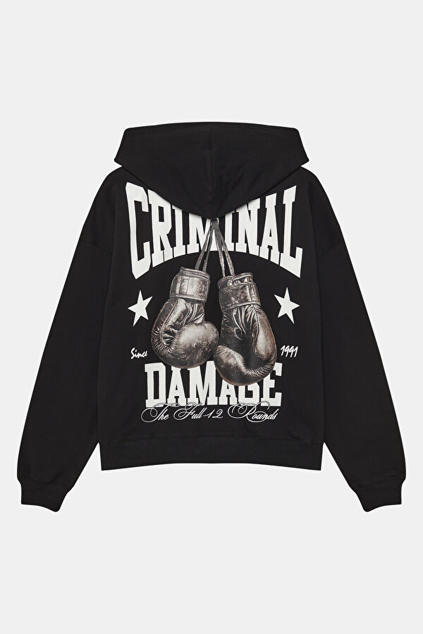 Siyah Relax Kalıp Kapuşonlu Erkek Sweatshirt 2