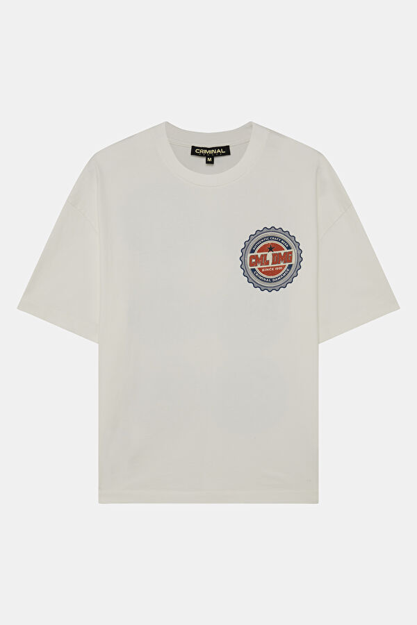 Relax Kalıp Beyaz Bisiklet Yaka Baskılı Erkek T-Shirt