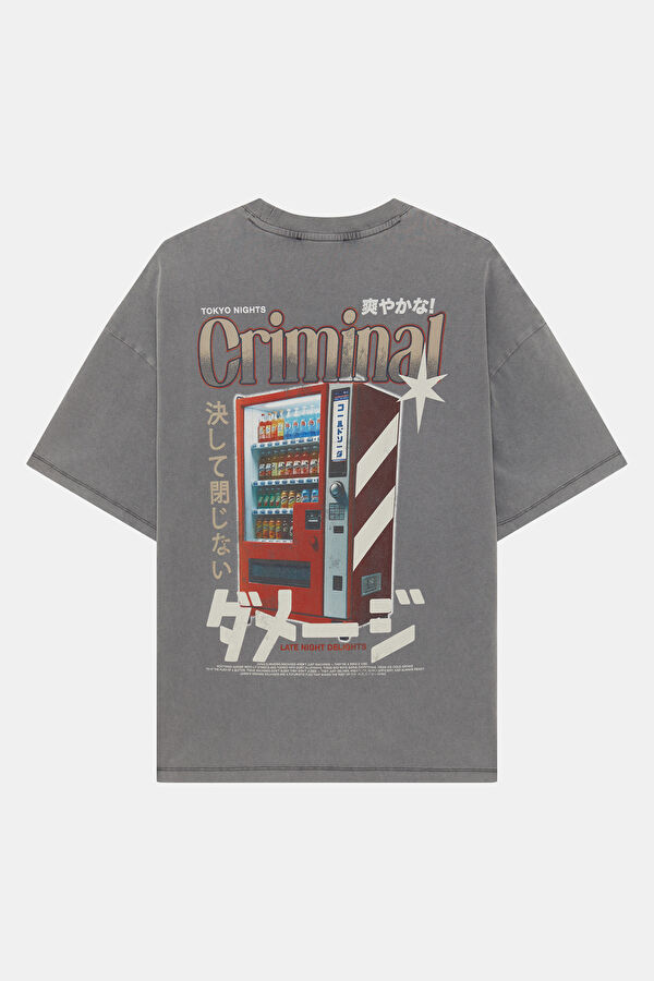 Relax Kalıp Gri Bisiklet Yaka Baskılı Erkek T-Shirt 2