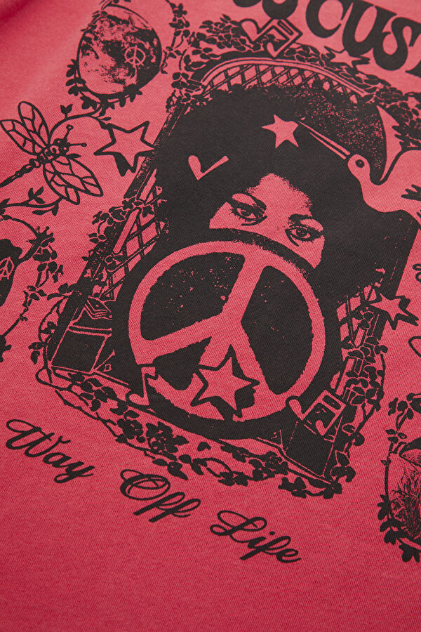 Relax Kalıp Pembe Bisiklet Yaka Baskılı Erkek T-Shirt 4