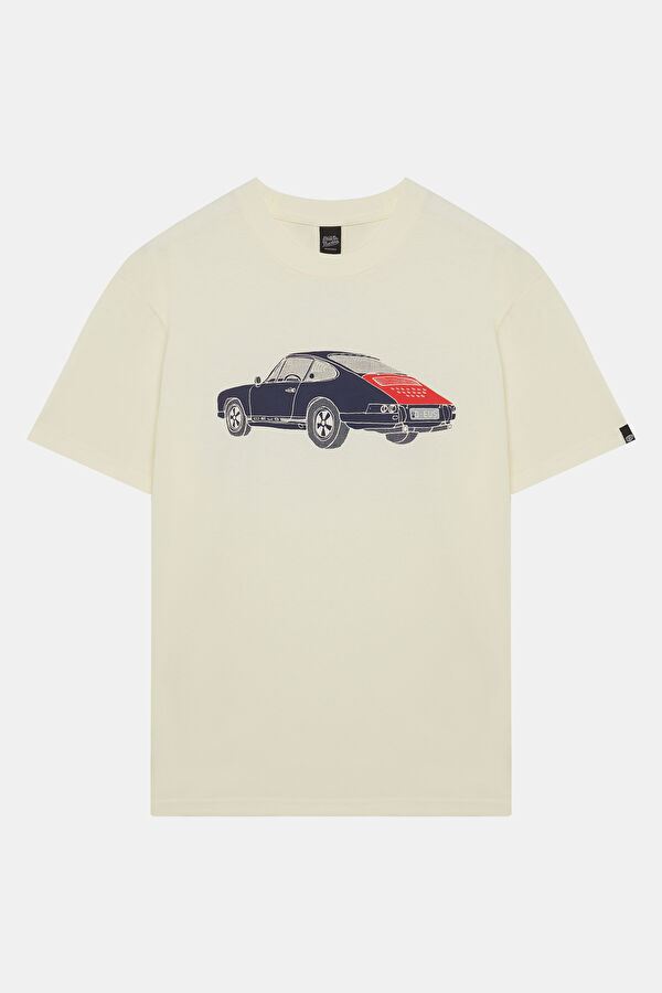 Relax Kalıp Beyaz Bisiklet Yaka Baskılı Erkek T-Shirt