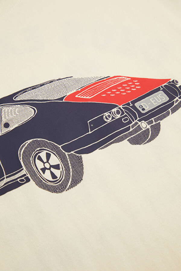 Relax Kalıp Beyaz Bisiklet Yaka Baskılı Erkek T-Shirt 4