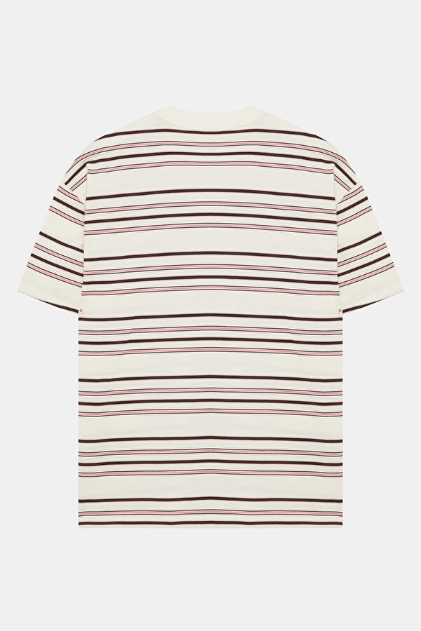Relax Fit Cream Crew Neck Striped Men's T-Shirt 2