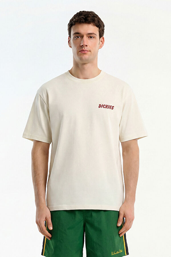 Relax Kalıp Ekru Bisiklet Yaka Baskılı Erkek T-Shirt