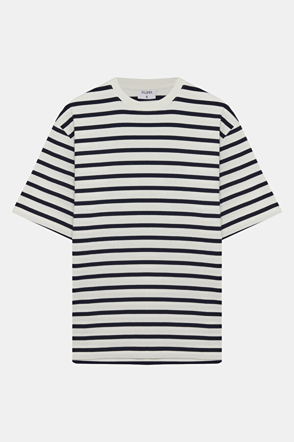 Relax Kalıp Beyaz Bisiklet Yaka Çizgili Erkek T-Shirt