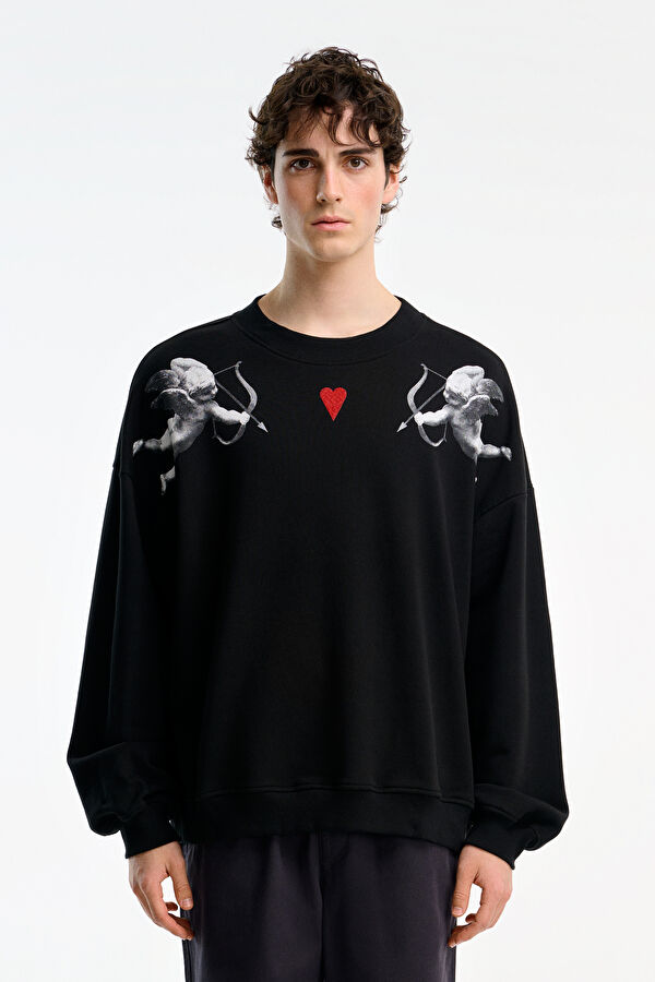 Siyah Relax Kalıp Bisiklet Yaka Erkek Sweatshirt