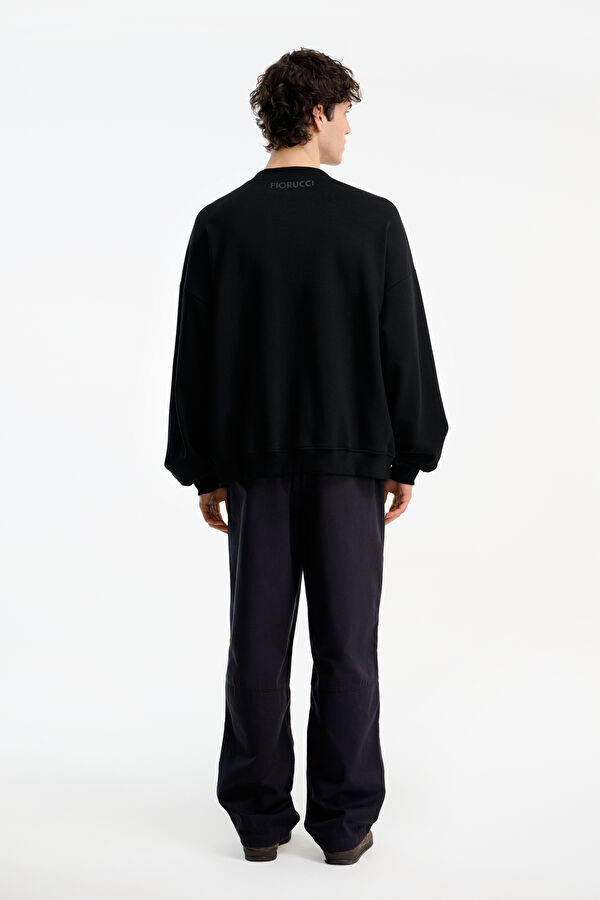 Siyah Relax Kalıp Bisiklet Yaka Erkek Sweatshirt 2