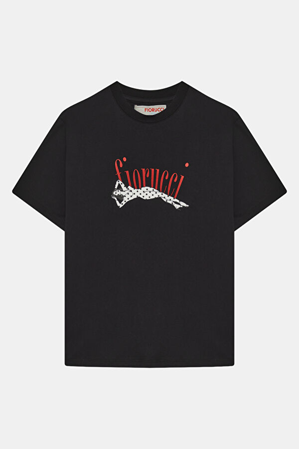 Relax Kalıp Siyah Bisiklet Yaka Baskılı Erkek T-Shirt