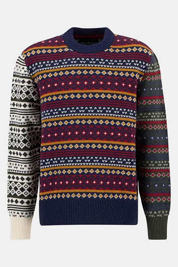 Patchwork Fair Isle Crew Neck Patterned Cotton/Wool Knit Men's Sweater