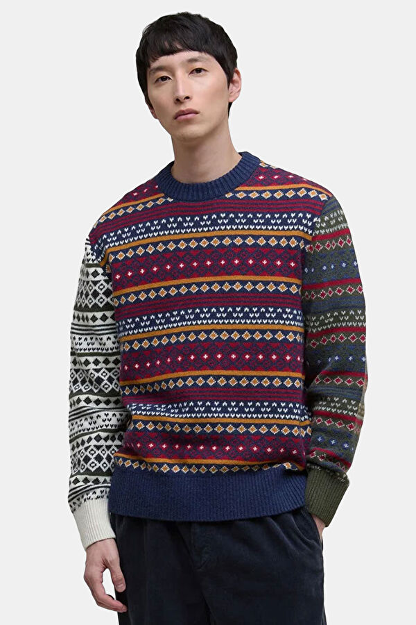 Patchwork Fair Isle Crew Neck Patterned Cotton/Wool Knit Men's Sweater 2