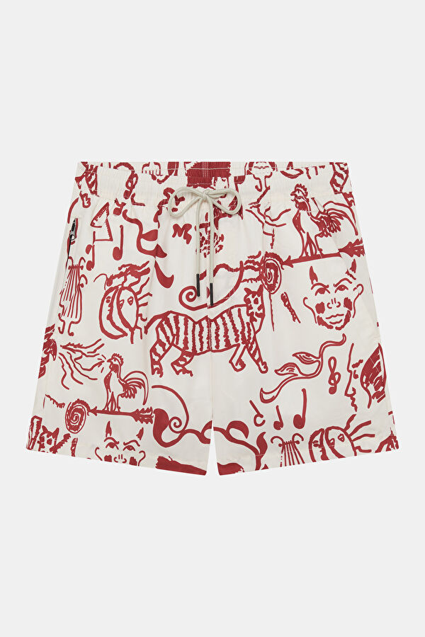 Red Patterned Elasticated Men's Swimsuit
