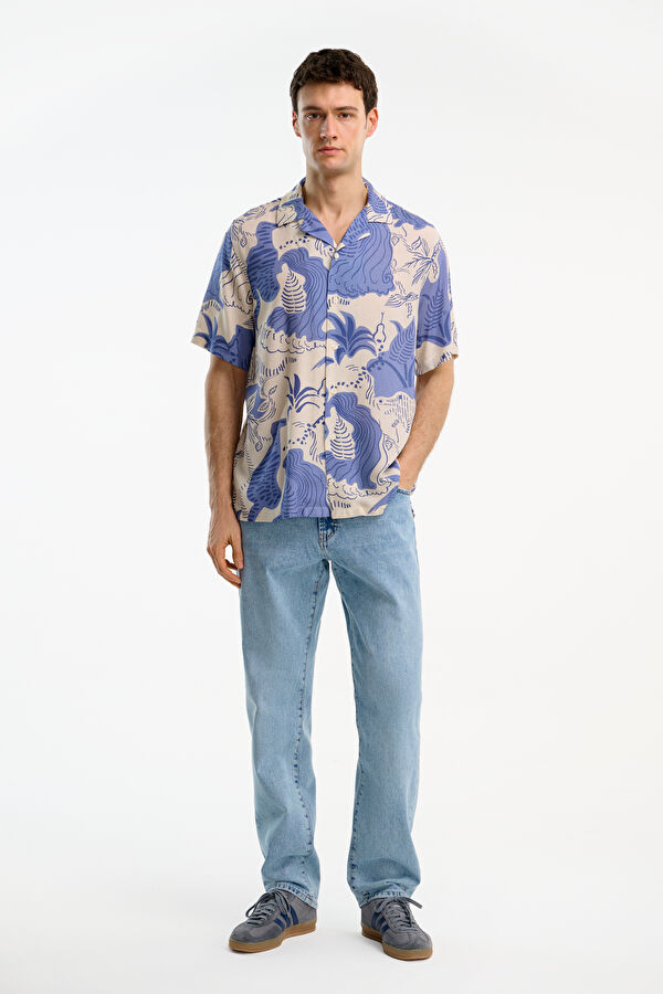 Blue Patterned Resort Collar Men's Shirt 3