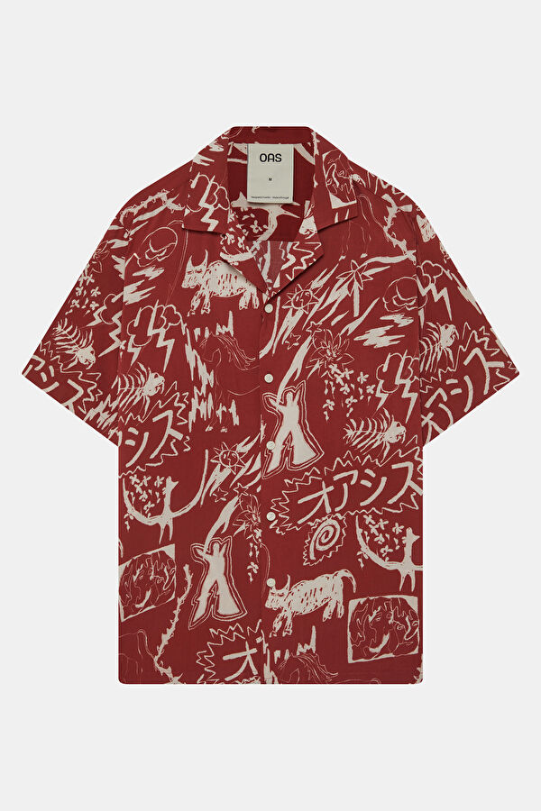 Red Patterned Resort Collar Men's Shirt 4