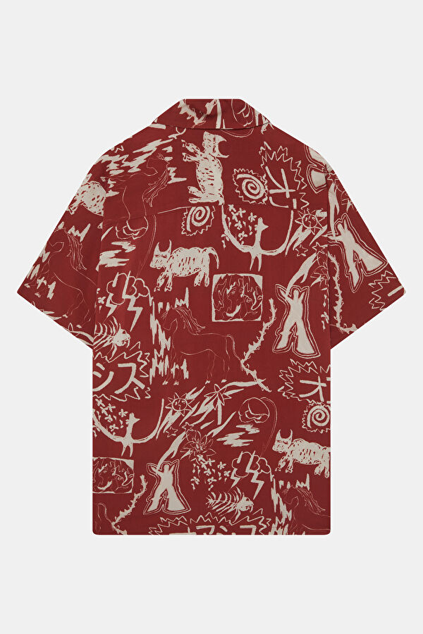 Red Patterned Resort Collar Men's Shirt 5