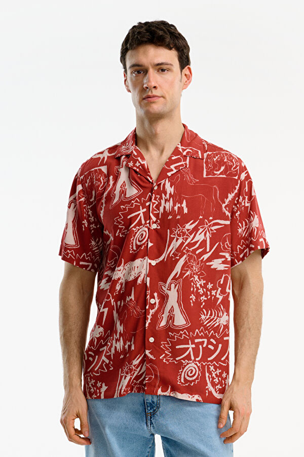 Red Patterned Resort Collar Men's Shirt