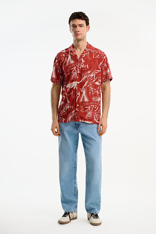 Red Patterned Resort Collar Men's Shirt 3