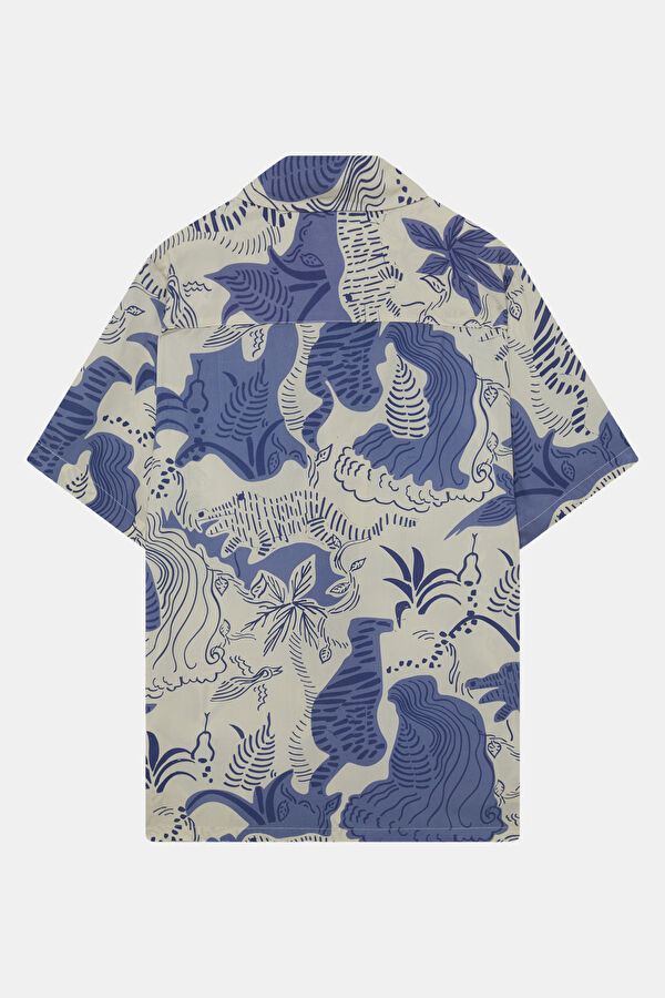 Blue Patterned Resort Collar Men's Shirt 5