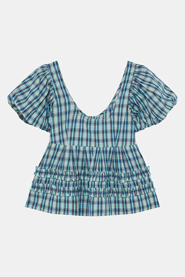 Dark Blue Plaid Short-Sleeve Women's Blouse