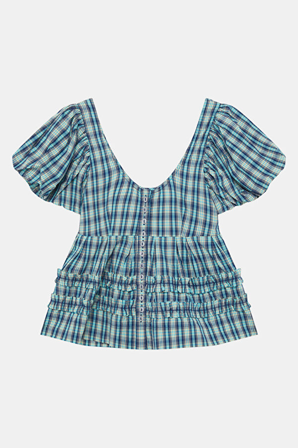 Dark Blue Plaid Short-Sleeve Women's Blouse 2