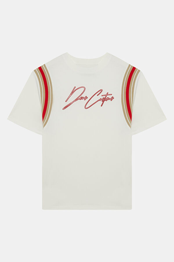 Beyaz O Yaka Desenli Kadın T-Shirt