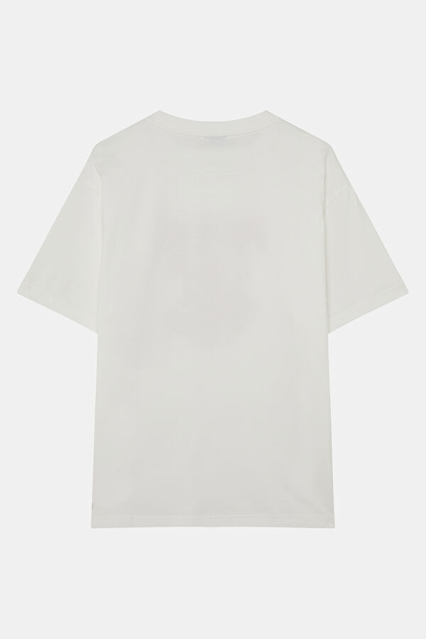 Relax Kalıp Beyaz Bisiklet Yaka Baskılı Erkek T-Shirt 2