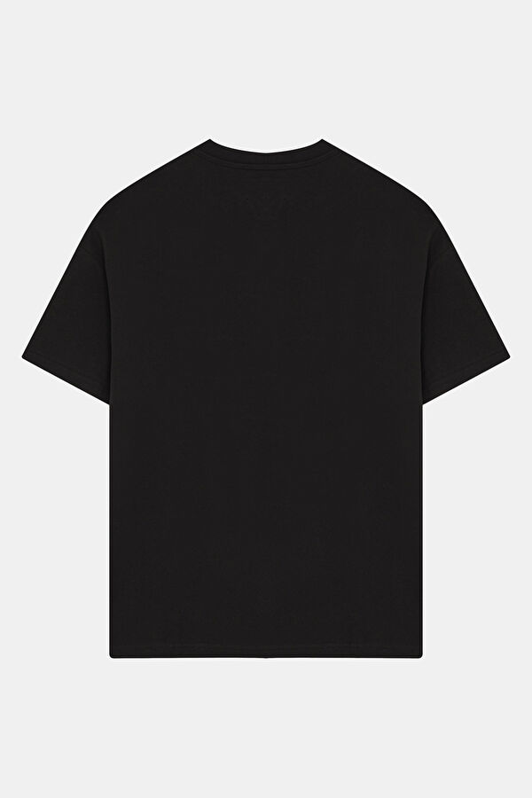 Relax Kalıp Siyah Bisiklet Yaka Baskılı Erkek T-Shirt 2