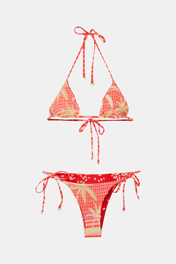 Pembe Desenli Bağlamalı Kadın Bikini