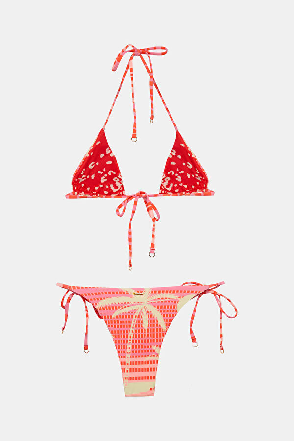 Pembe Desenli Bağlamalı Kadın Bikini 2