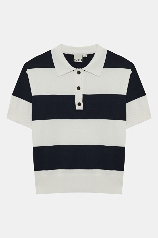 Lacivert Polo Yaka Çizgili Kadın T-Shirt